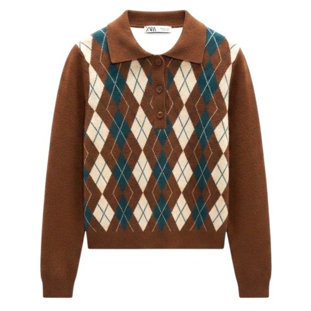 Zara Brown Teal & Cream Argyle Long Sleeve Polo Sweater